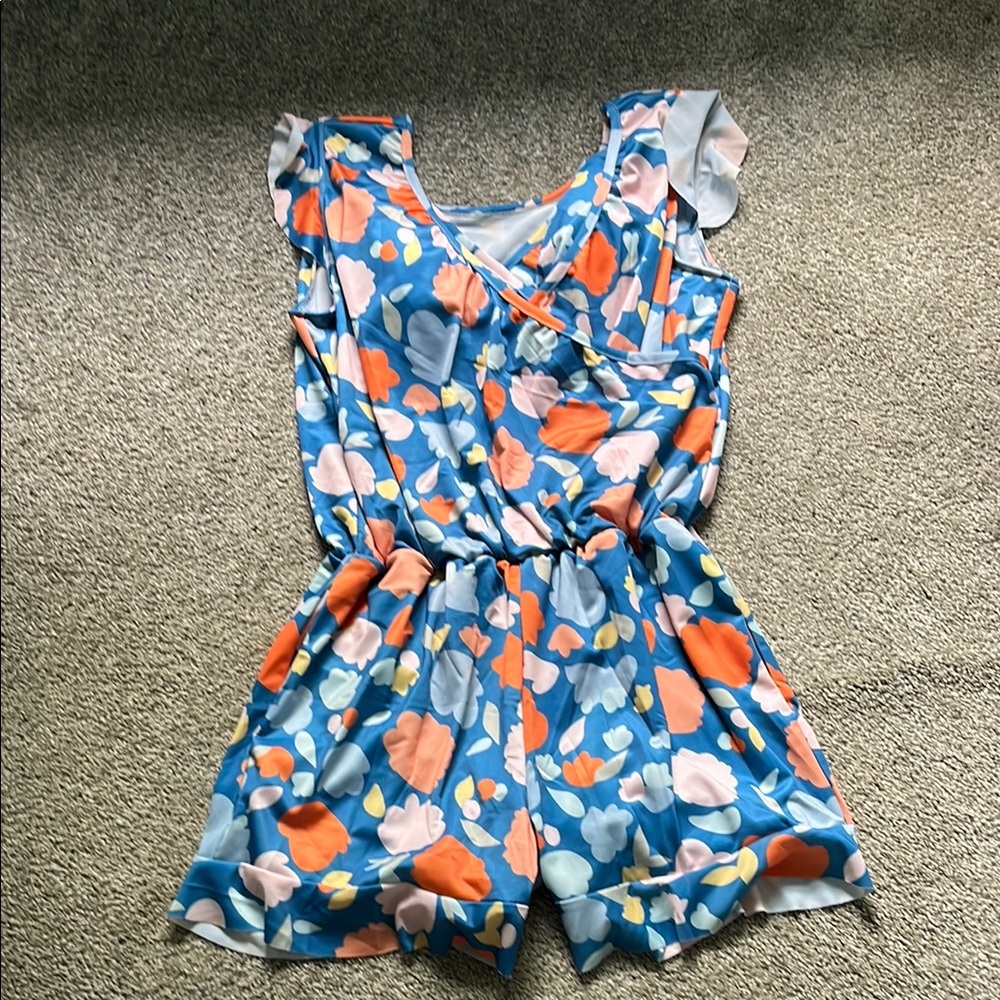 Vibrant sun summer floral Print Seim Romper with Ruffle Neckline
